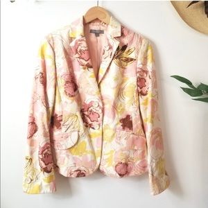 Ann Taylor blazer lined pink ivory floral rose print cotton linen jacket 10 M